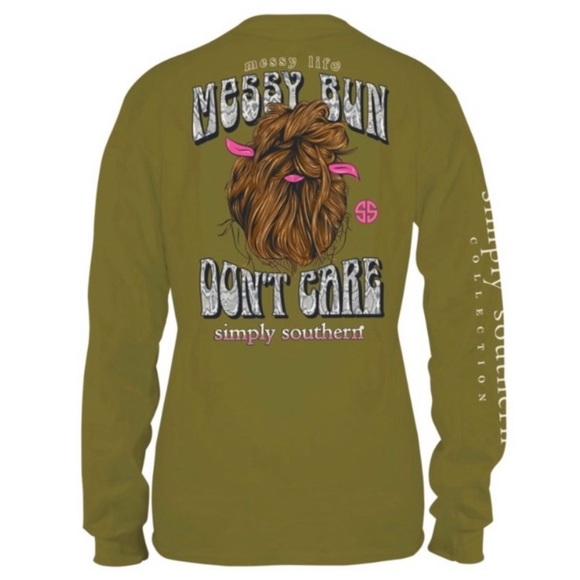 NWT Simply Southern green messy bun don’t care long sleeve t-shirt M - Picture 2 of 6